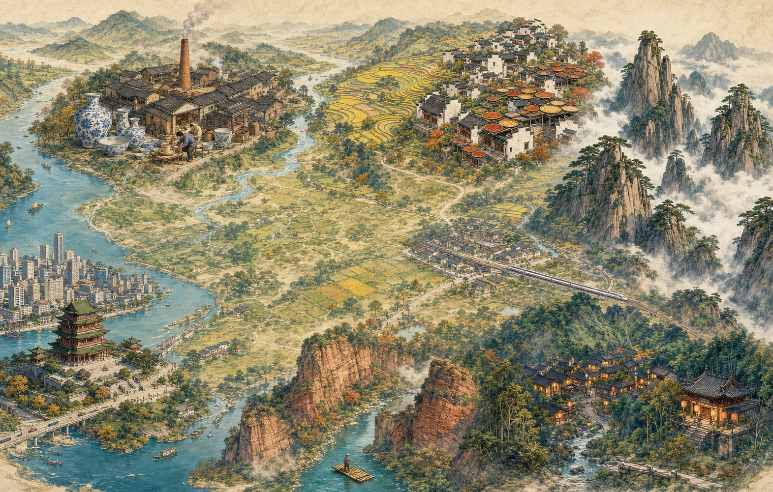 手绘江西山水地图：包含南昌、景德镇、篁岭、三清山、葛仙村与龙虎山的代表景观